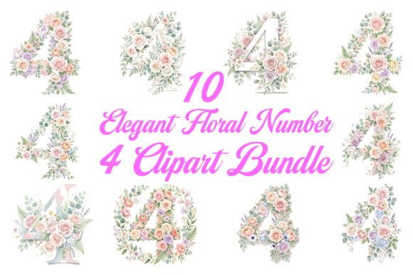 Elegant Floral Number 4 Clipart Bundle
