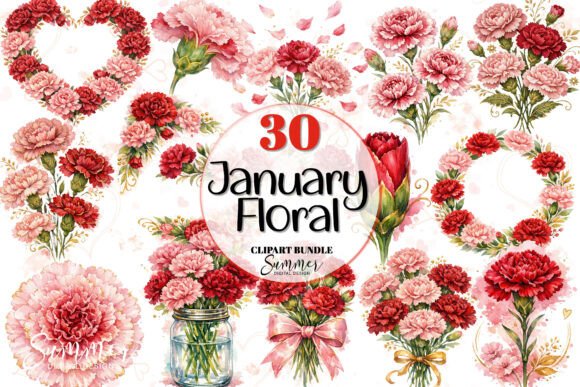 January Carnation Floral Watercolor Set: A Versatile Resource for Digital and Print Design
