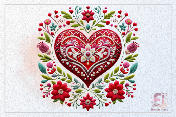 Red Heart Embroidered Floral Clipart PNG
