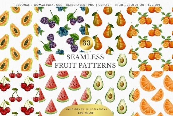 Seamless Fruit Patterns - Whimsical Set: Elevating Digital Design with Hand-Painted Charm